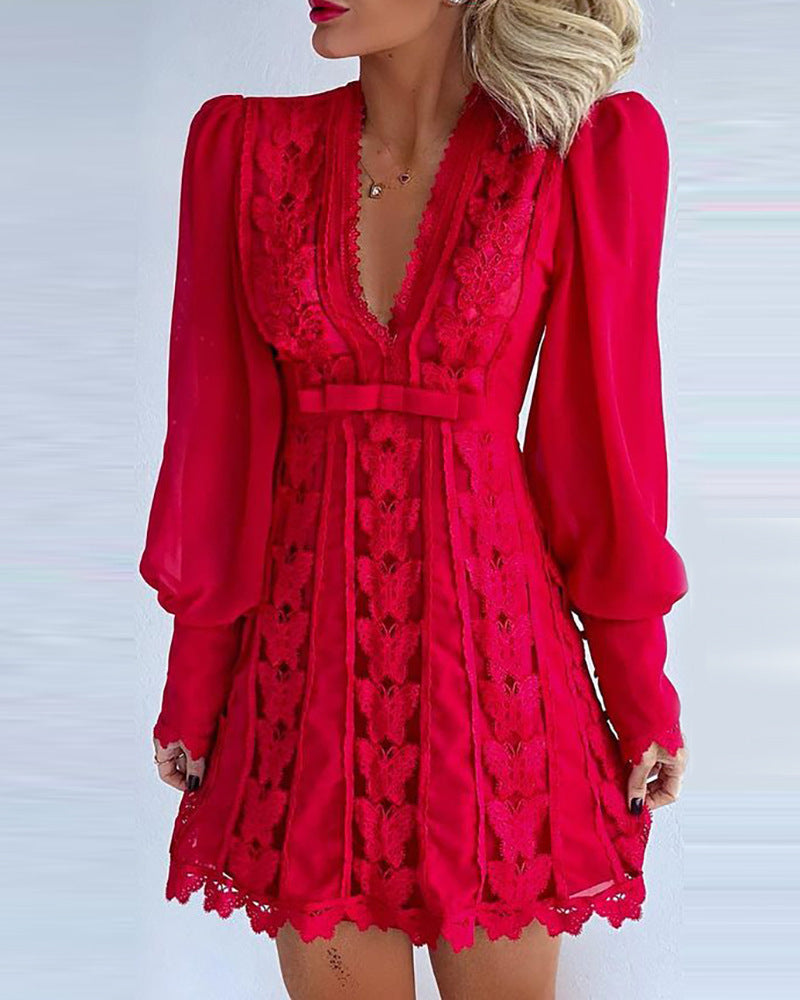 S4R-Elegant Dresses Sexy V Neck Lace Dress Long Puff Sleeve Butterfly Dress For Women
