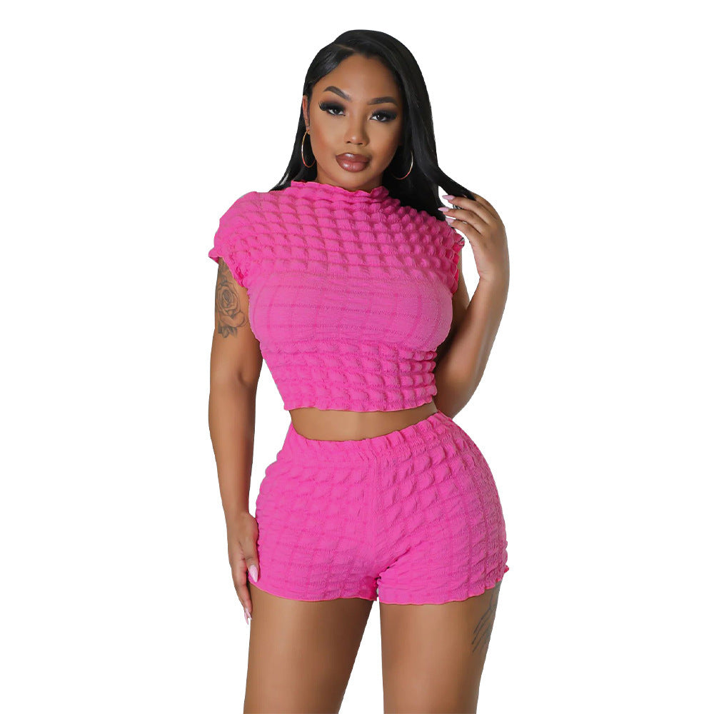S4R-Women's Clothing Hot Sleeveless Midriff-baring Shorts Popcorn Bubble Two-piece Set