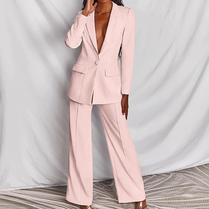 S4R-2 Piece Set Spring Elegant Solid Long Sleeve Blazer Suit And Pants For Women Autumn Classic OL Street Outfit