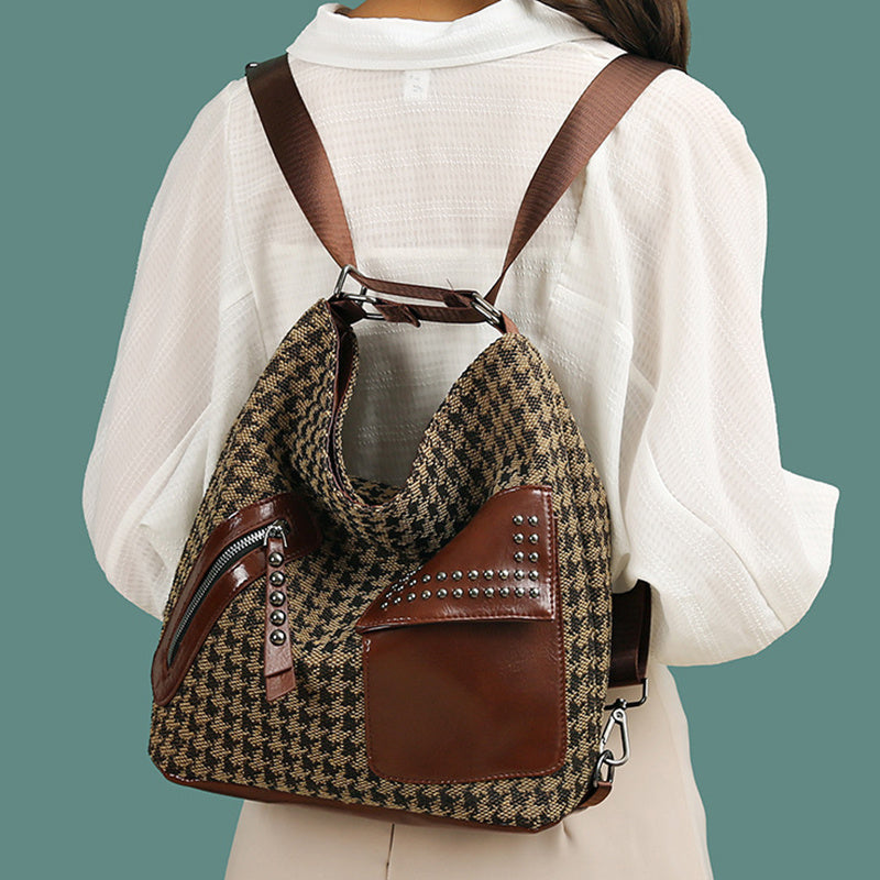 S4R-Houndstooth Backpack Women Fashion Rivet Design Leopard Shoulder Bags