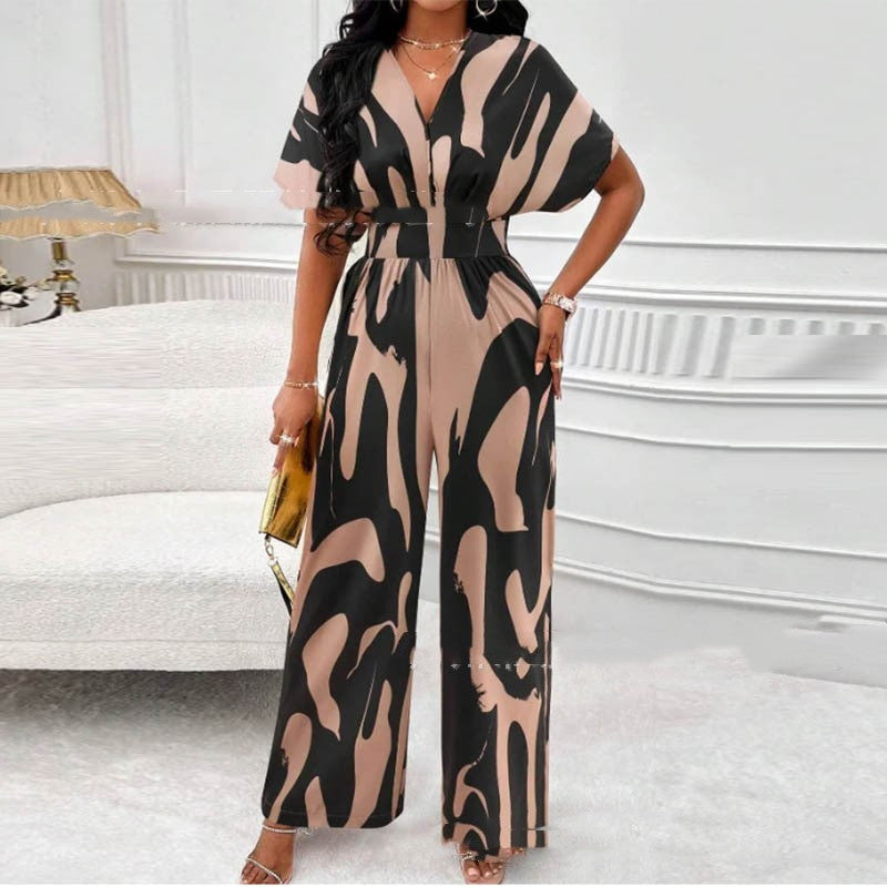 S4R-V-neck Loose Printed Long Jumpsuit