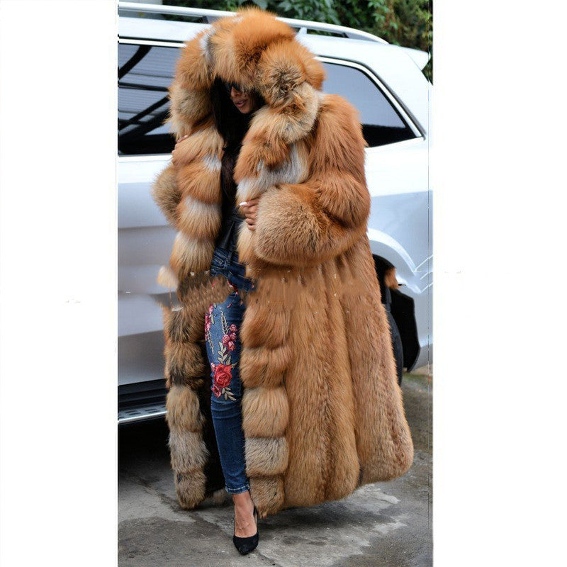 S4R-Faux Fur Coat Women Long Hooded Fur Coat