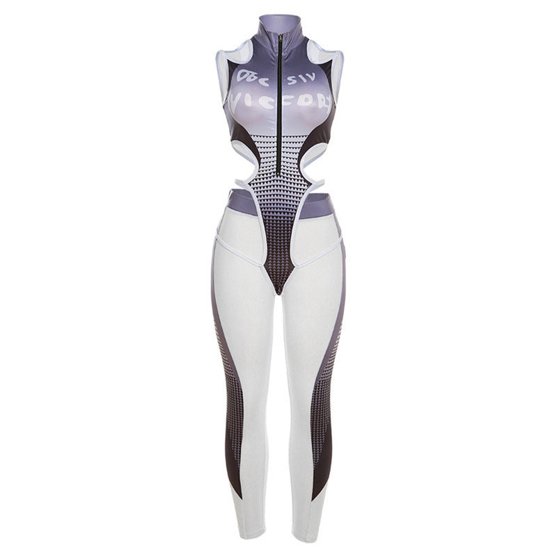 S4R-Hollow Printed Jumpsuit Mesh Stitching Casual Trousers Suit