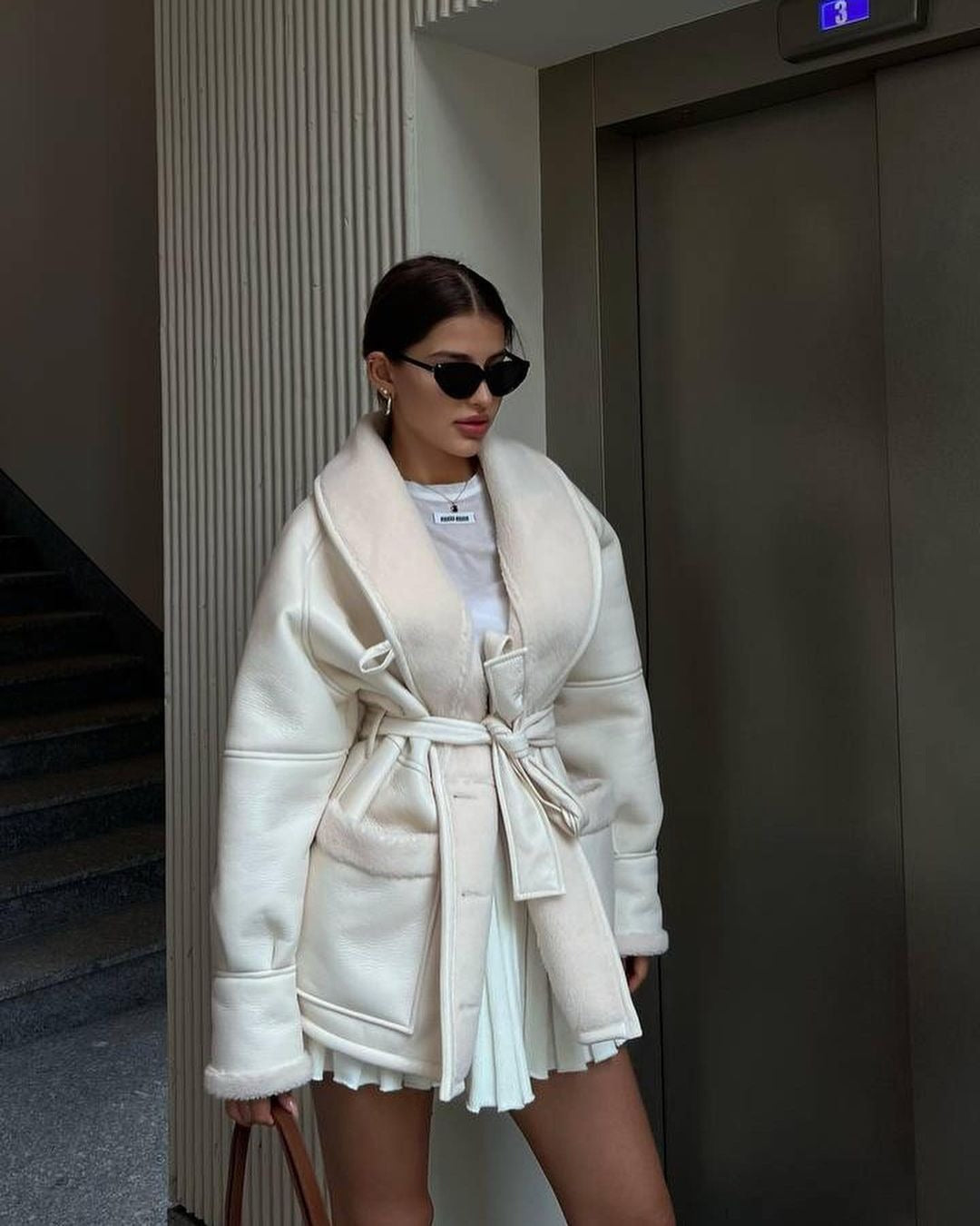 S4R-Leather And Fur Korean Style Long Sleeve Splicing Coat Women