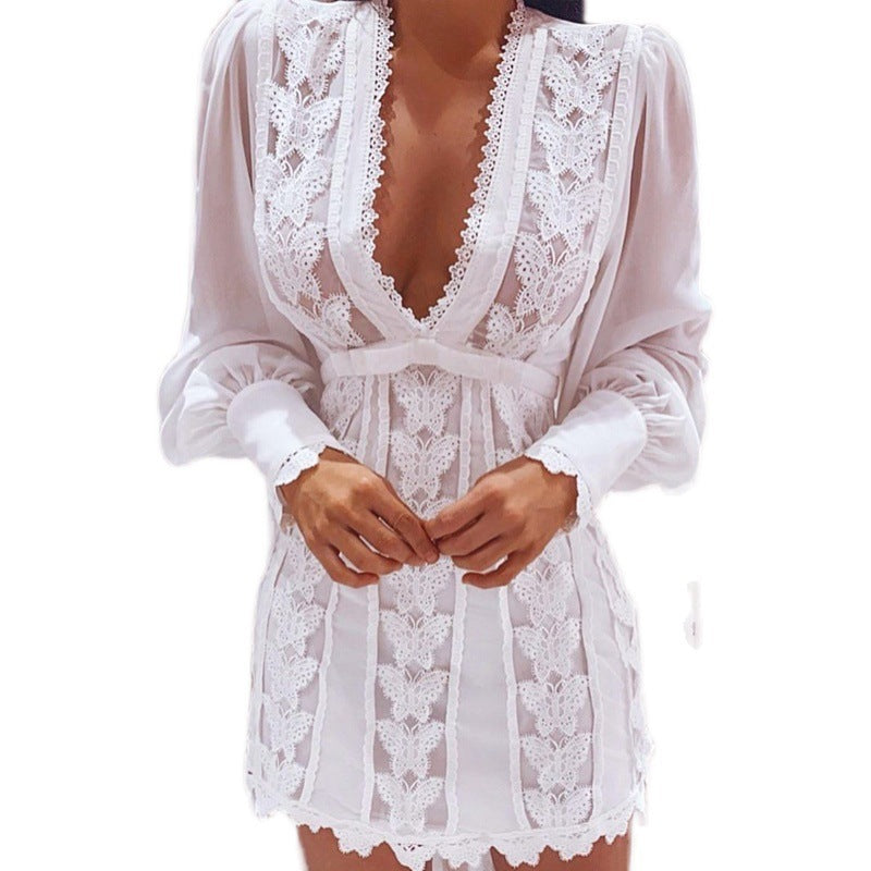 S4R-Elegant Dresses Sexy V Neck Lace Dress Long Puff Sleeve Butterfly Dress For Women