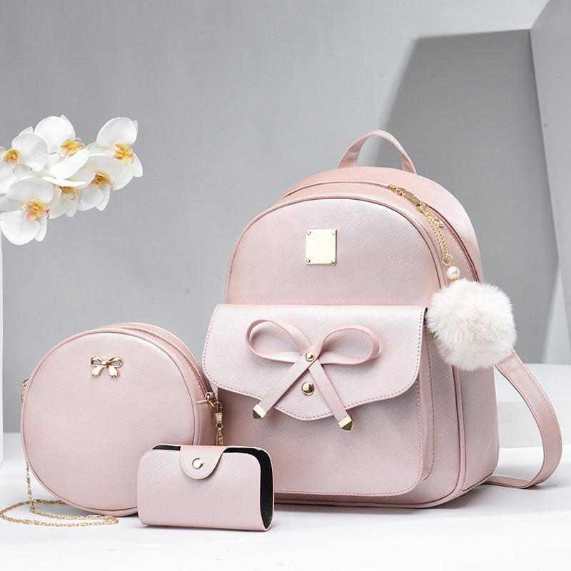 S4R-Fashion Women's Bags PU Bow Composite Bag Young Girl Student Cute Shoulders Backpack Crossbody Bags Coin Purse 3pcs Set