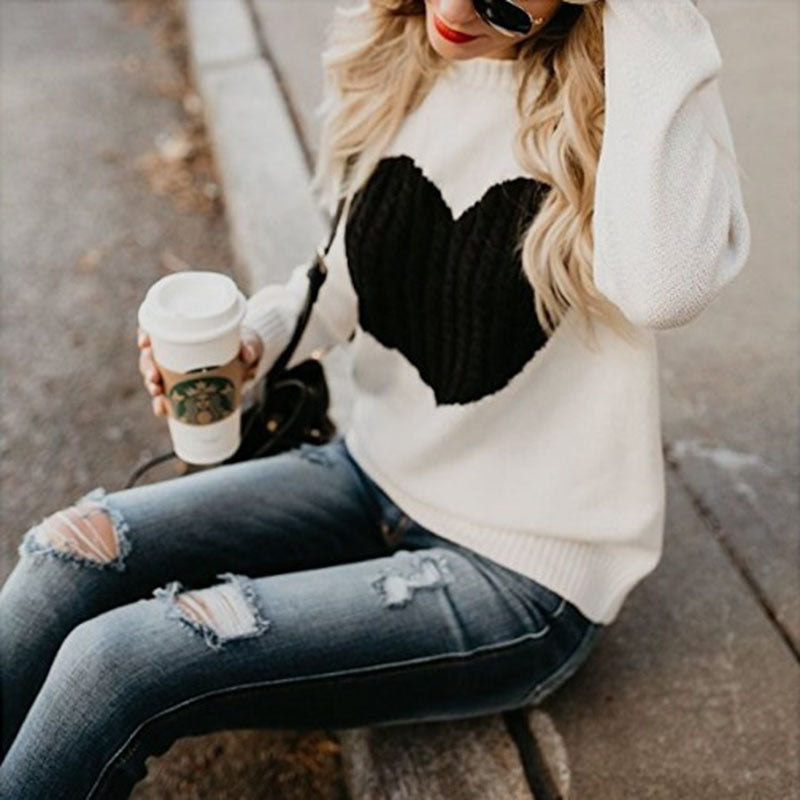 S4R-Autumn Winter Women Sweaters Heart Pattern Printed Long Sleeve Tops O-Neck Lovely Pullovers Knitted Loose Sweaters Tops