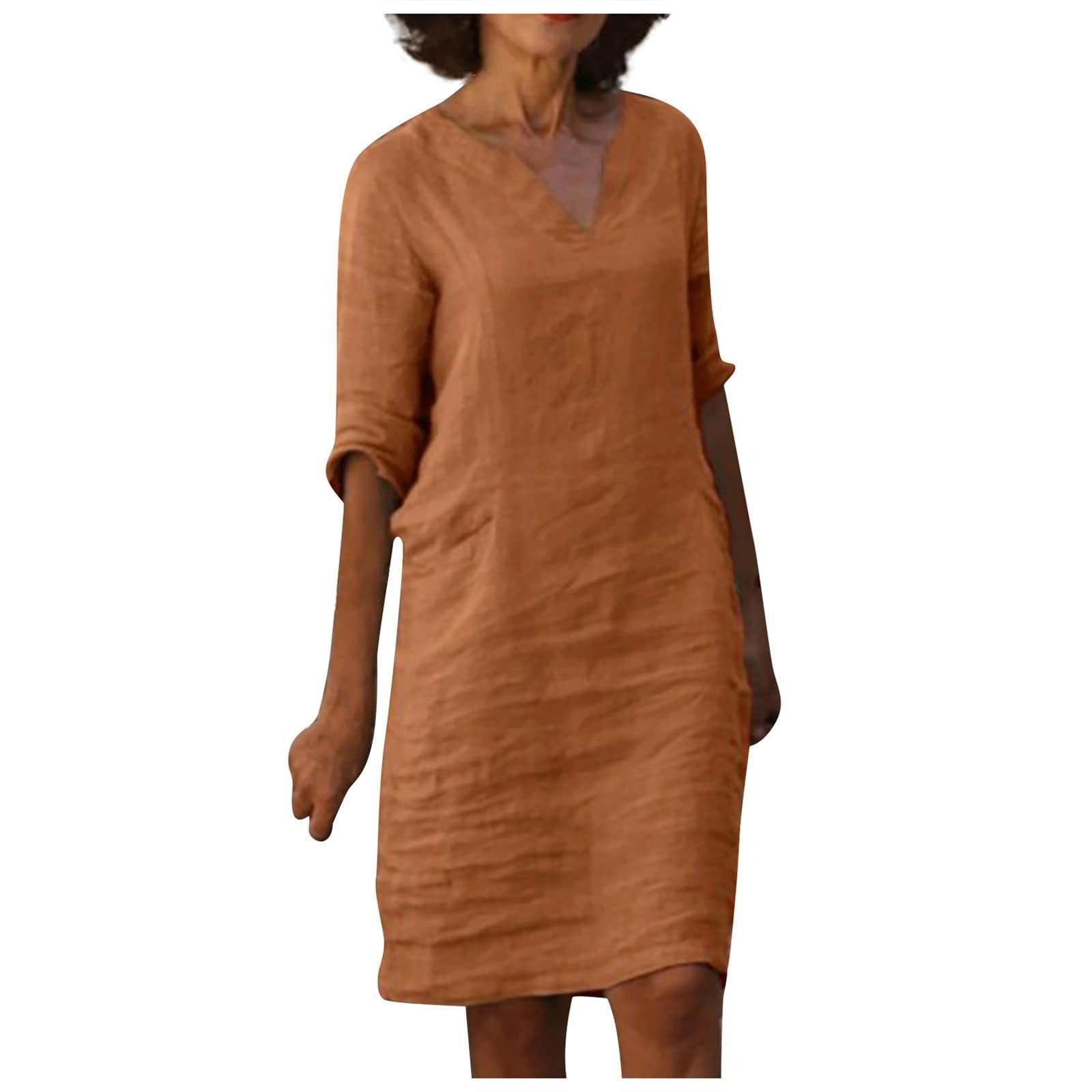 S4R-Cotton And Linen V-neck Dress Summer Stitching Retro High Waist Pure Color Dresses