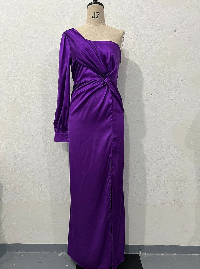 S4R-Women's One-shoulder Split Dress Ins Fashion Long-sleeved Slim Long Dresses Party Evening Clothing