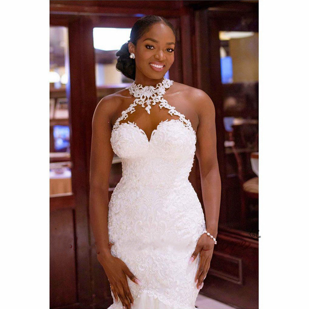 S4R-Vintage Lace Beaded Wedding Dresses Sheer Neck Mermaid Bridal Dresses Wedding Gowns