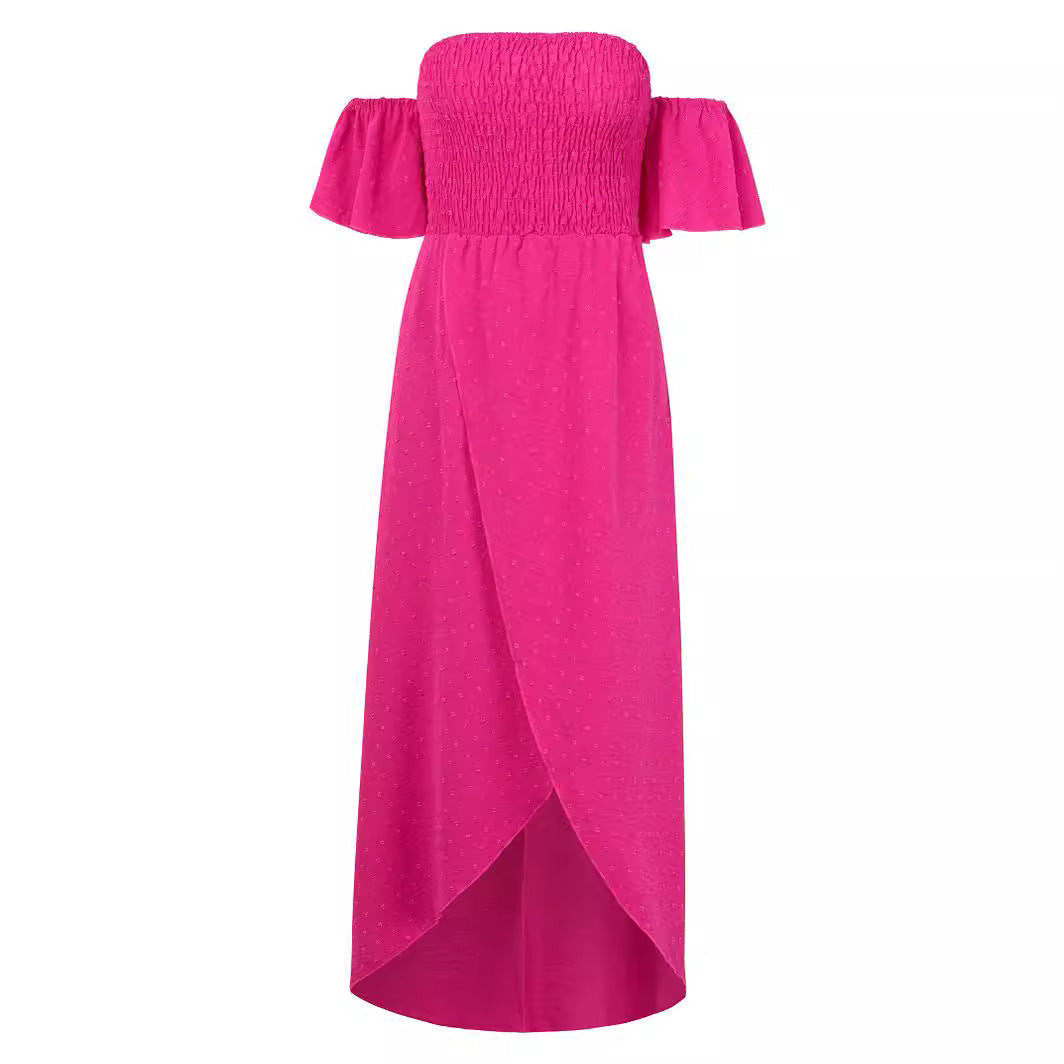 S4R-Sexy Off-shoulder Slit Dress Summer Fashion Pleated Ruffle Long Dresses For Beach Women's Clothing