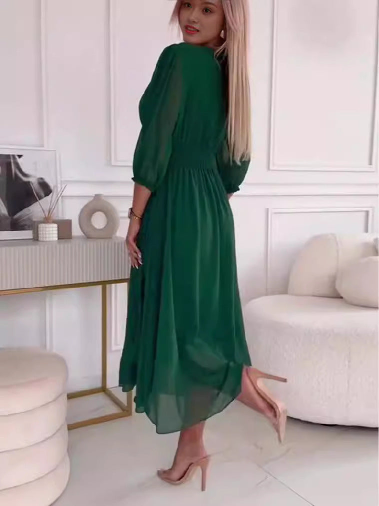 S4R- V-neck Waist-tight Long Sleeve Dress Fashion Slimming Skirt Solid Chiffon Dresses For Womens Clothing