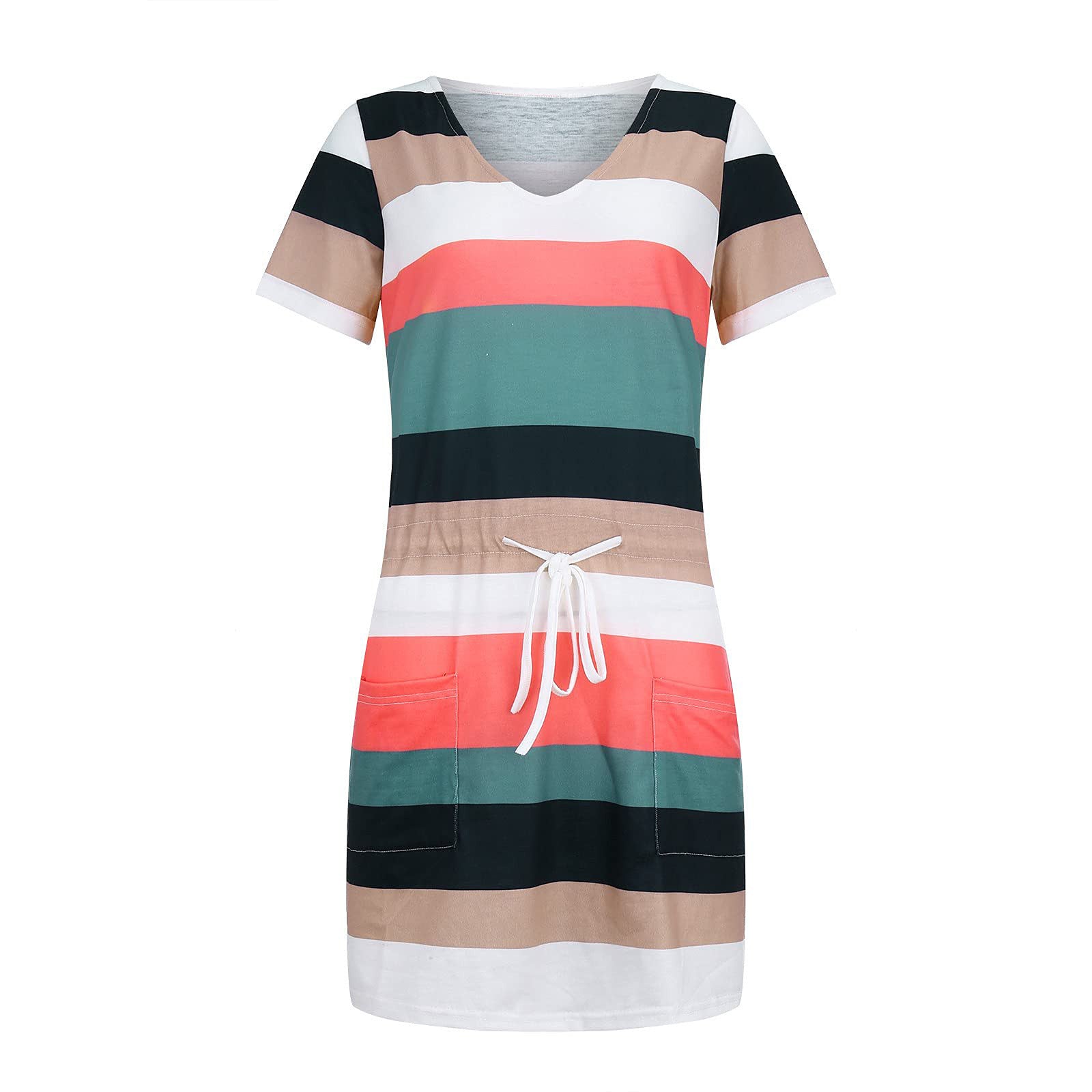 S4R-Striped Print Short-sleeved Dresses Summer Fashion V-neck Drawstring Design Short Dress Beach Womens Clothing