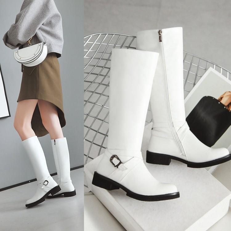 S4R-Womens Boots Shoes Flat Knee High Pu Leather Buckle Riding Calf