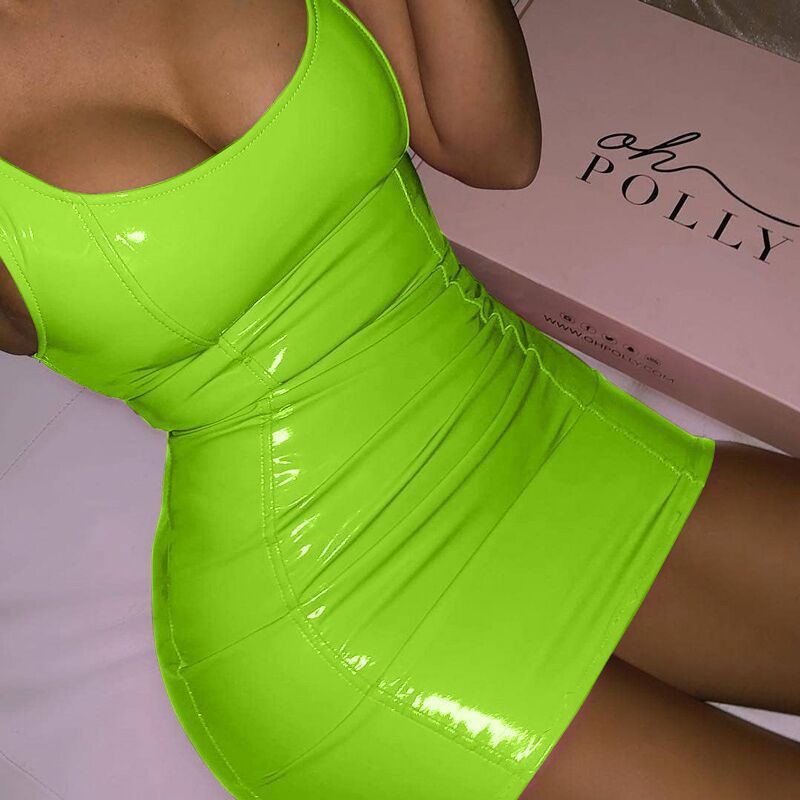 S4R-Solid Color Sling Dress Female Sexy Tight Leather Hip Skirt Party Festival Dresses