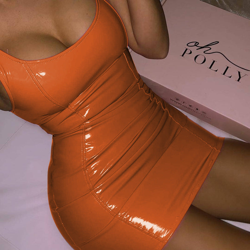 S4R-Solid Color Sling Dress Female Sexy Tight Leather Hip Skirt Party Festival Dresses