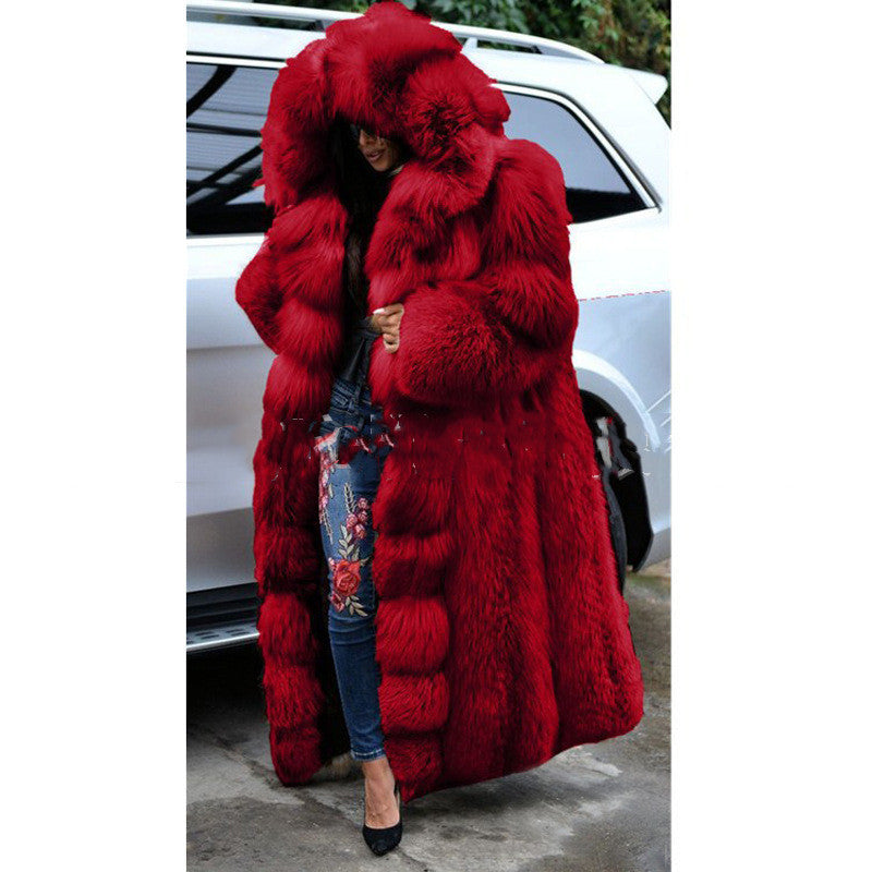 S4R-Faux Fur Coat Women Long Hooded Fur Coat