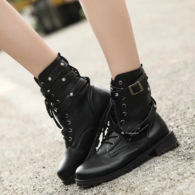 S4R-Martin Boots, Motorcycle Boots, Middle Heel Boots, Women's Army Boots
