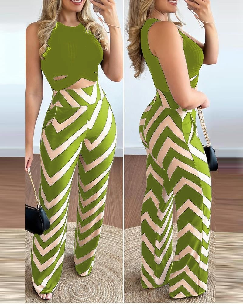 S4R-Solid Color Sleeveless Top Vest Striped Tights Two-piece Set