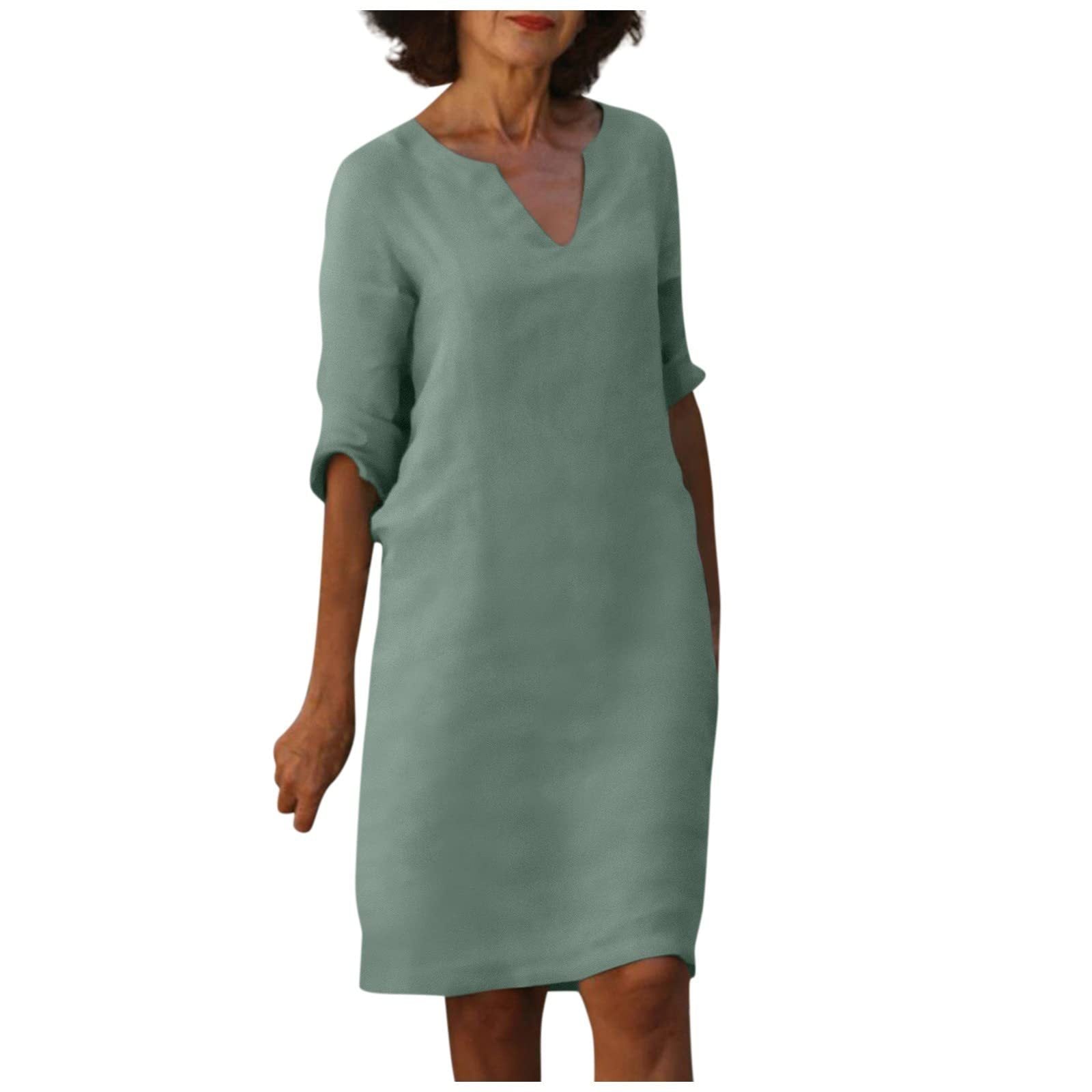 S4R-Cotton And Linen V-neck Dress Summer Stitching Retro High Waist Pure Color Dresses