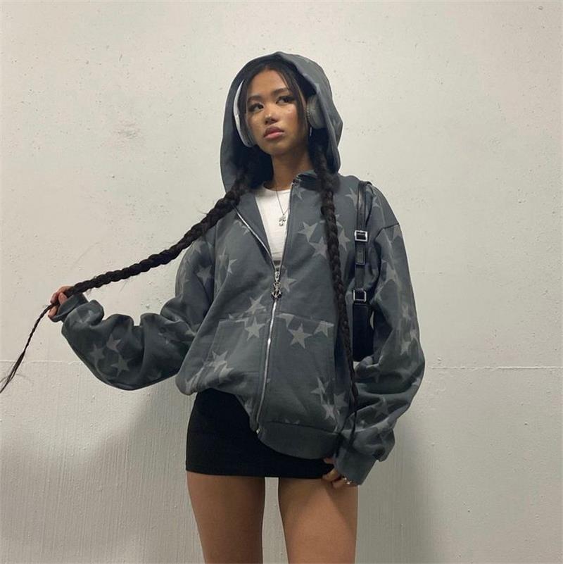 Stars Printed Zipper Hooded Cardigan Couple Fashion Outerwear Hoodies Sweatshirt Street Women Coat