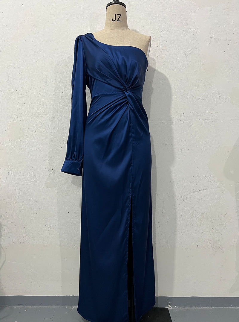 S4R-Women's One-shoulder Split Dress Ins Fashion Long-sleeved Slim Long Dresses Party Evening Clothing