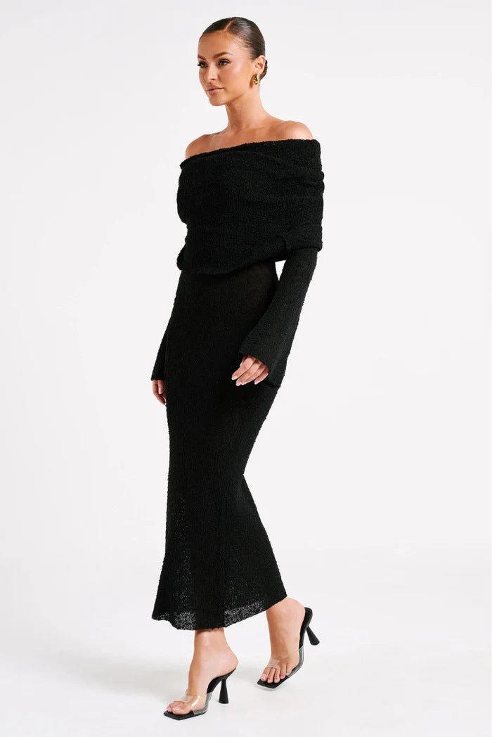 French-style One-shoulder Knitted Dress Fashion Party Beach Long-sleeved Long Dresses Fall Winter Women's Clothing