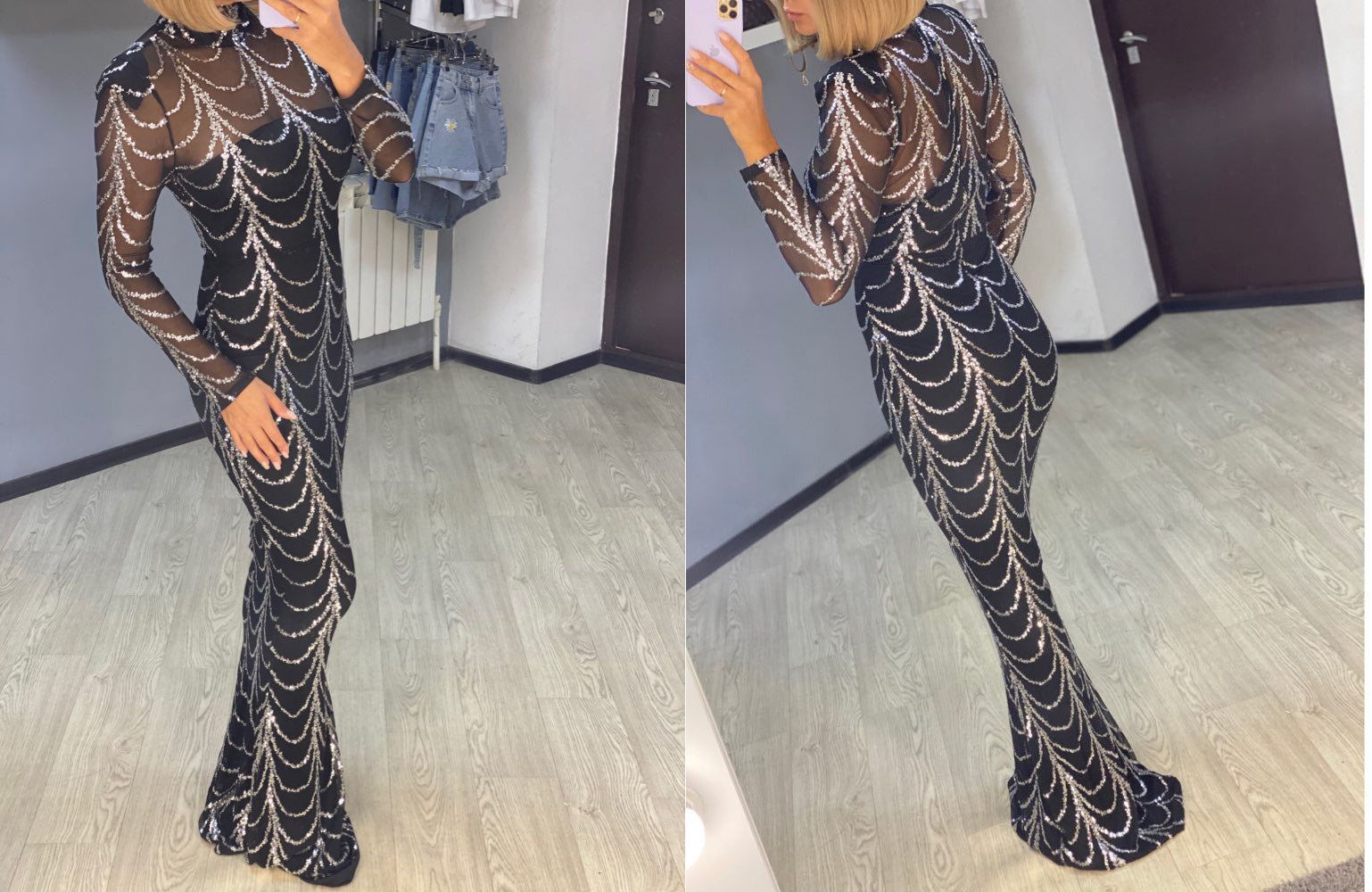 Sequins Women Maxi Dress Long Sleeve Female Party Dresses