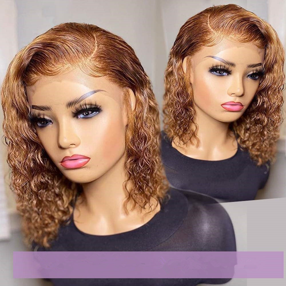 S4R-Short Curly Honey Blonde Bob Wig Lace Front Human Hair Wigs For Women