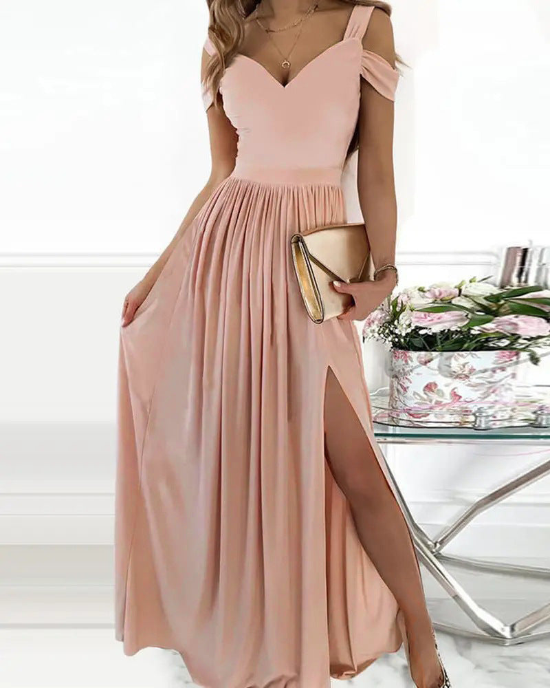 S4R-V-neck Boho Spaghetti Strap Dress Women Split Long Flowy Dresses For Party Beach