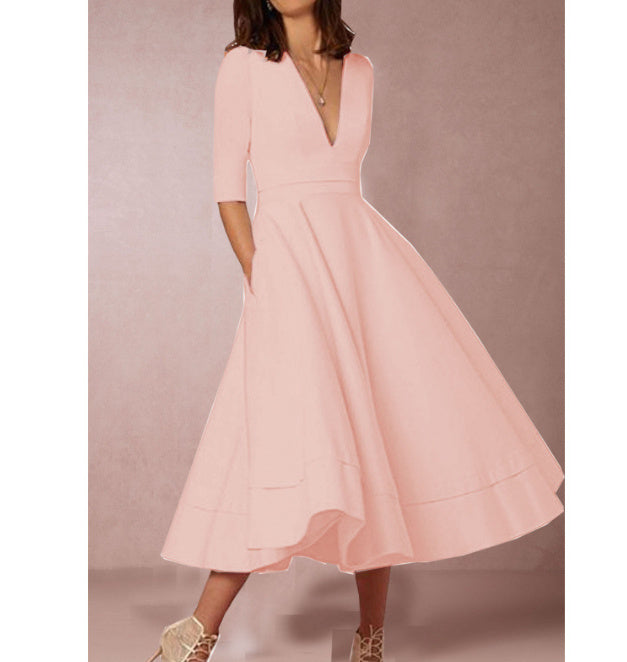 S4R-V-neck Dresses - Retro 60s Swing Sleeve