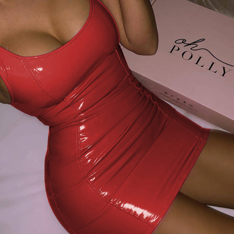 S4R-Solid Color Sling Dress Female Sexy Tight Leather Hip Skirt Party Festival Dresses