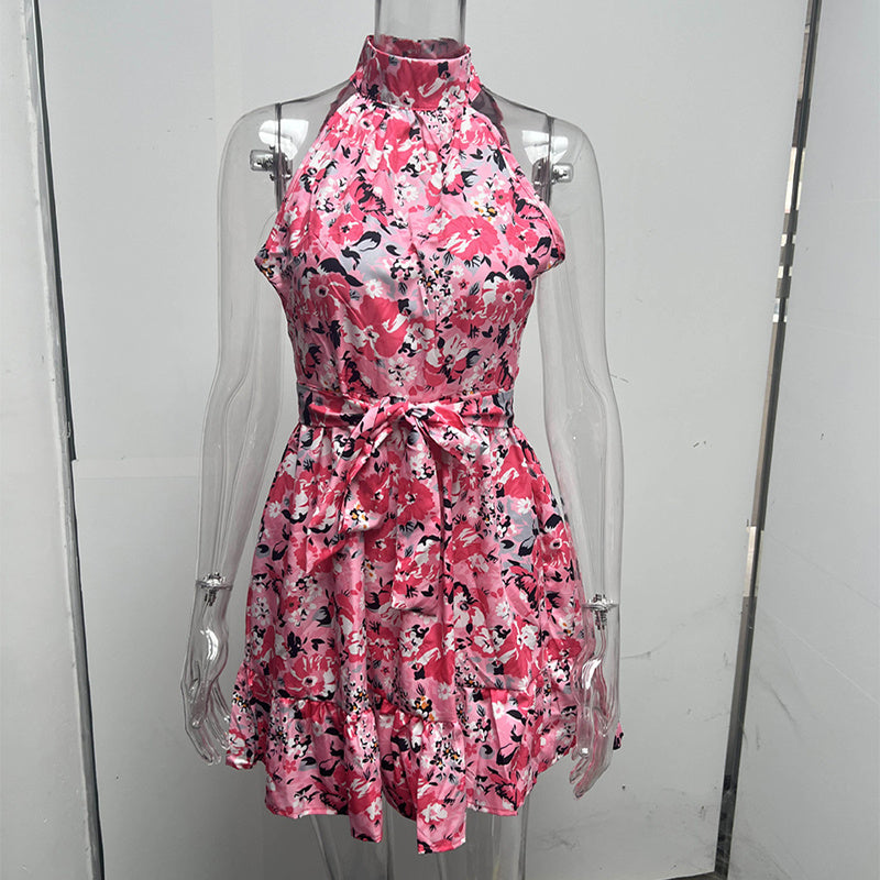 S4R-New Flowers Print Halter-neck Dress Summer Fashion Temperament Lace-up Ruffled Dresses For Women