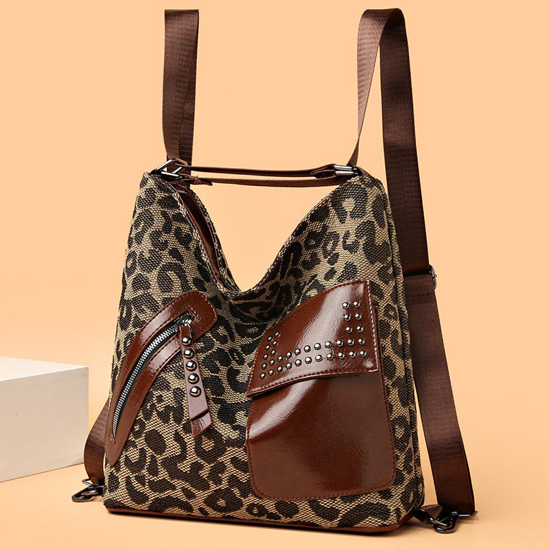 S4R-Houndstooth Backpack Women Fashion Rivet Design Leopard Shoulder Bags