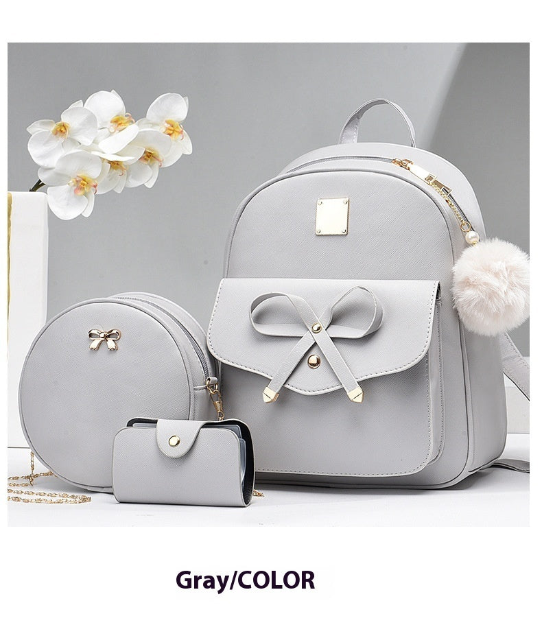 S4R-Fashion Women's Bags PU Bow Composite Bag Young Girl Student Cute Shoulders Backpack Crossbody Bags Coin Purse 3pcs Set