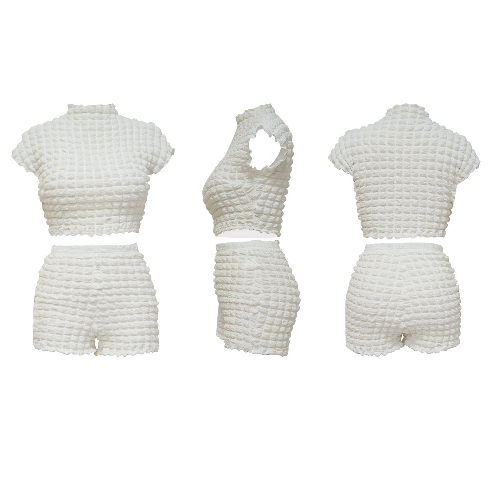 S4R-Women's Clothing Hot Sleeveless Midriff-baring Shorts Popcorn Bubble Two-piece Set