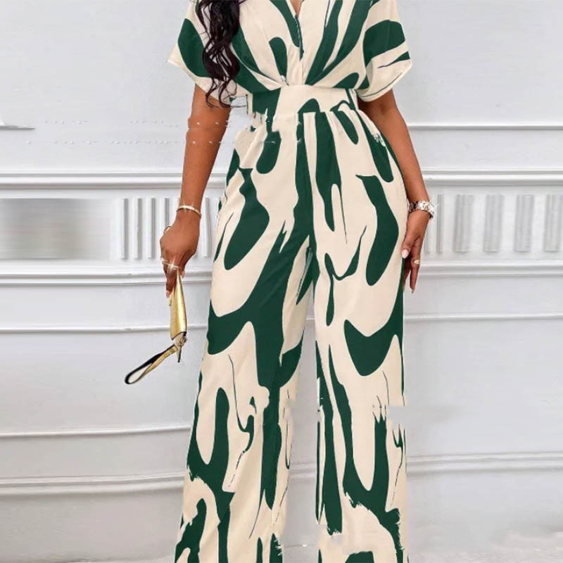 S4R-V-neck Loose Printed Long Jumpsuit