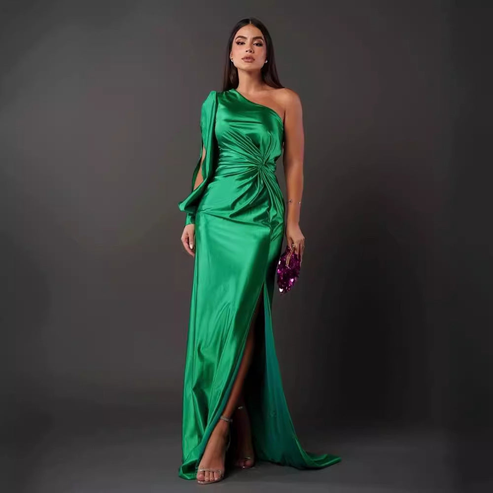 S4R-Women's One-shoulder Split Dress Ins Fashion Long-sleeved Slim Long Dresses Party Evening Clothing