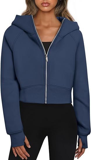 S4R-Casual Zippered Hooded Sweatshirt Fleece Sport Cardigan Fashion Hoodies Short Tops Womens Clothing