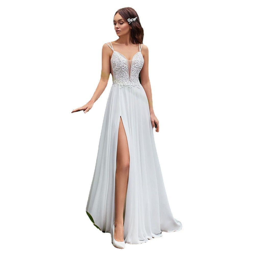 S4R-Sexy Side Slit A-Line Wedding Dresses Boho Beading Spaghetti Straps Sleeveless Lace Appliques Backless Chiffon Bridal Dresses