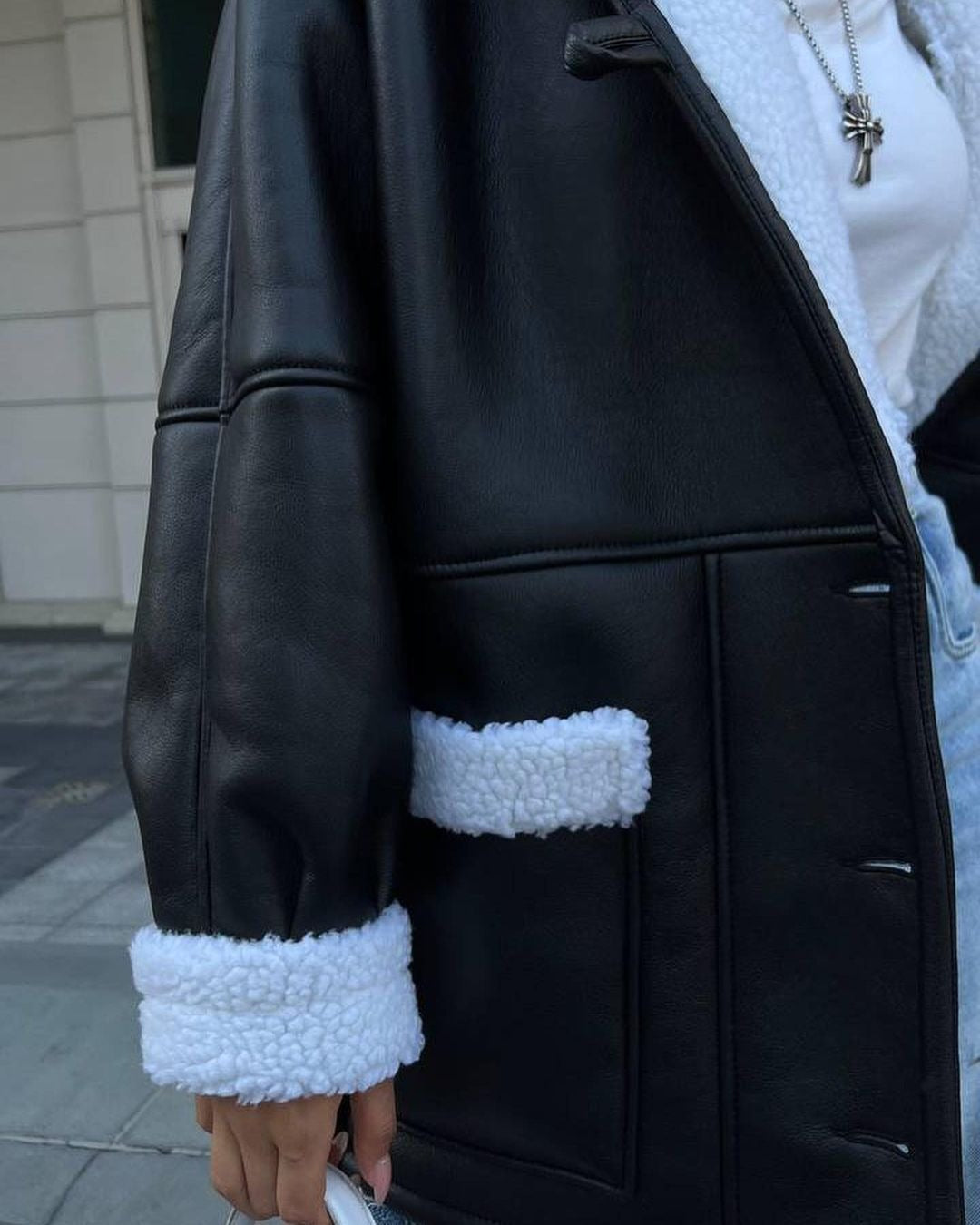 S4R-Leather And Fur Korean Style Long Sleeve Splicing Coat Women