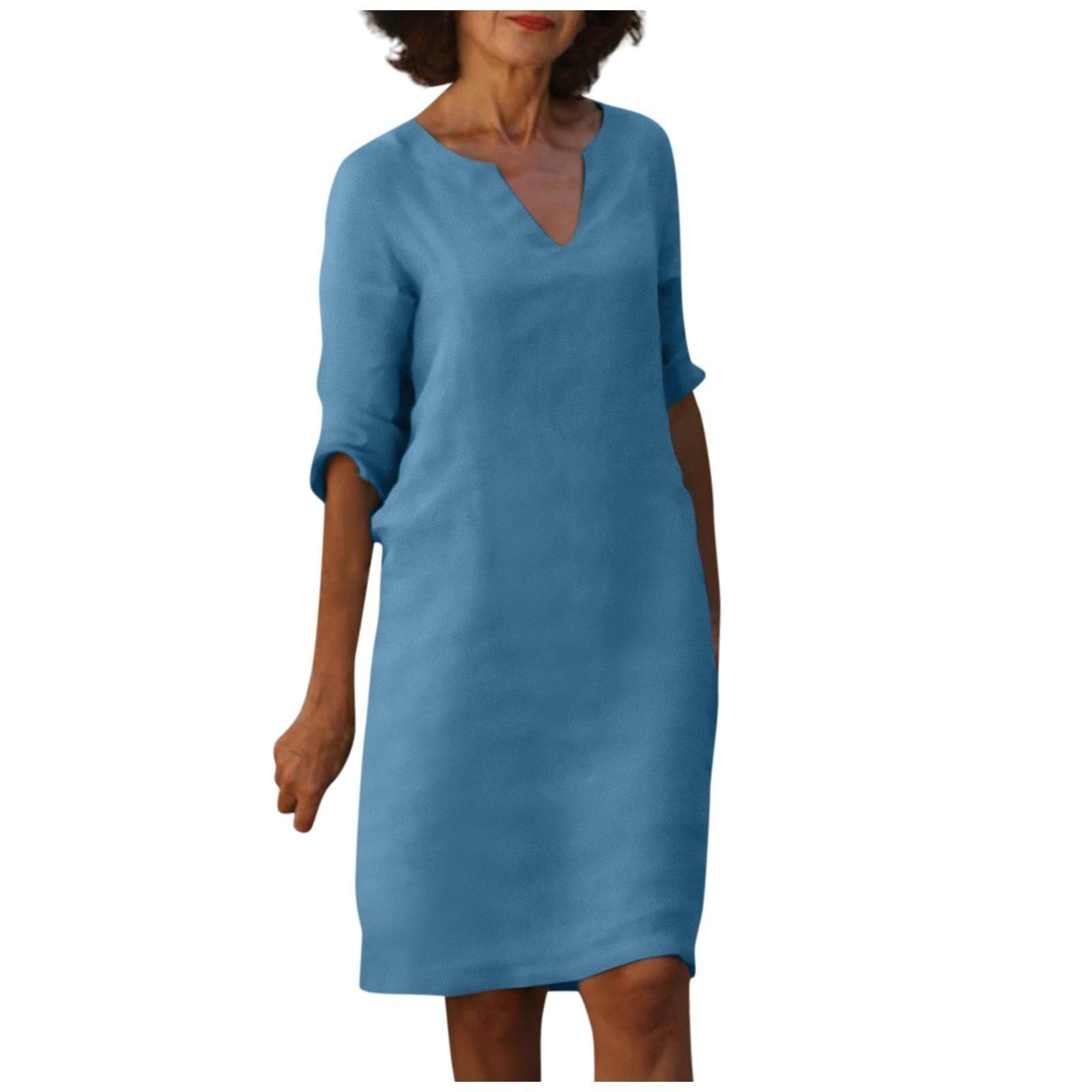 S4R-Cotton And Linen V-neck Dress Summer Stitching Retro High Waist Pure Color Dresses
