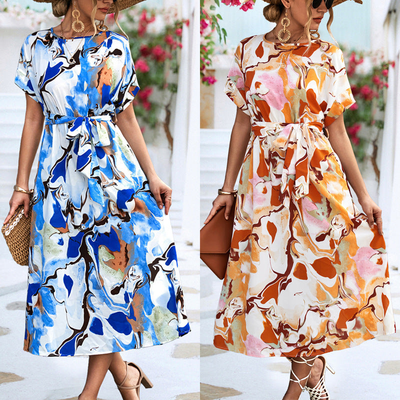 S4R-Summer Print Short-sleeved Dress Summer Loose Lace-up A-line Long Dresses Fashion Casual Holiday Beach Dress For Womens Clothing
