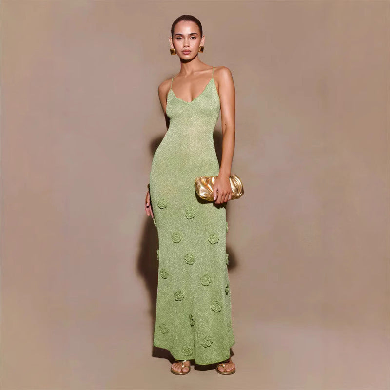 S4R-Knitted Flowers Suspenders Dress Crochet Glitter Dresses