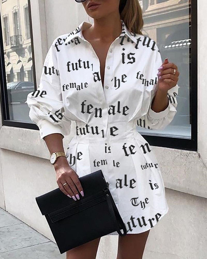 S4R-Print shirt dresses with a tight waist