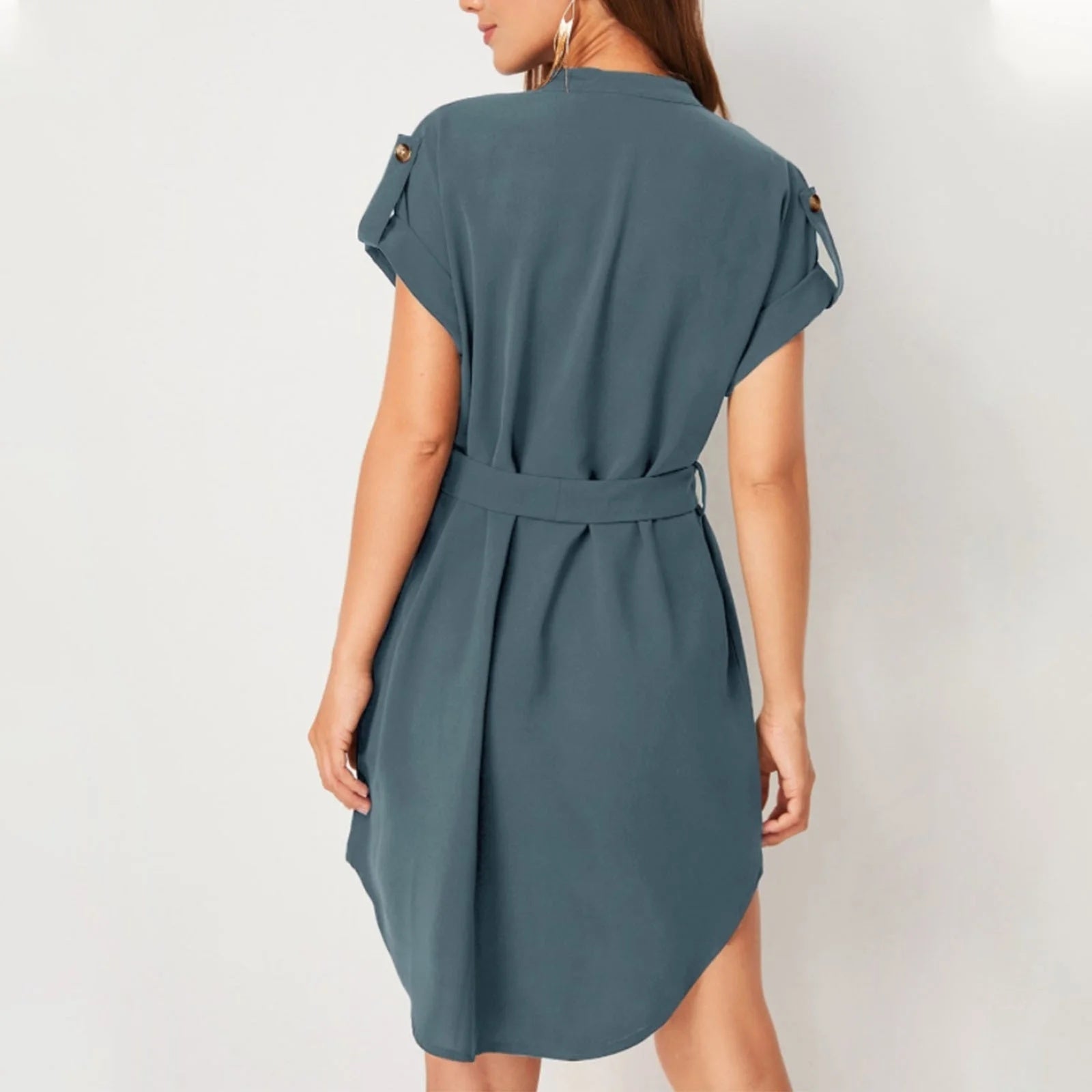 S4R-V-neck Short Sleeve Dress With Belt Summer Fashion Bowknot Dresses For Women Clothing