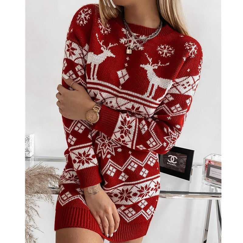 S4R-Elk Snowflake Christmas Jacquard Knitted Dress Long Knitted Sweaters