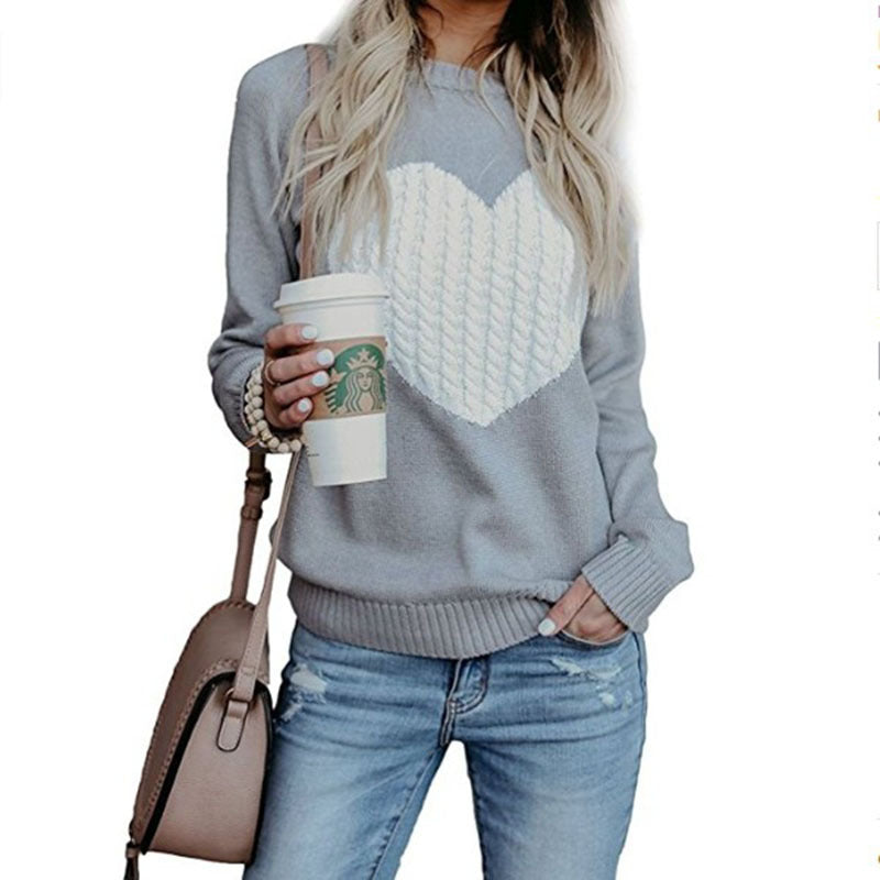 S4R-Autumn Winter Women Sweaters Heart Pattern Printed Long Sleeve Tops O-Neck Lovely Pullovers Knitted Loose Sweaters Tops