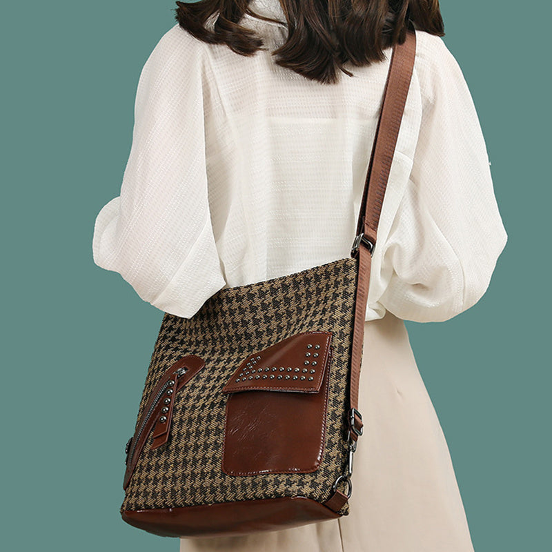 S4R-Houndstooth Backpack Women Fashion Rivet Design Leopard Shoulder Bags