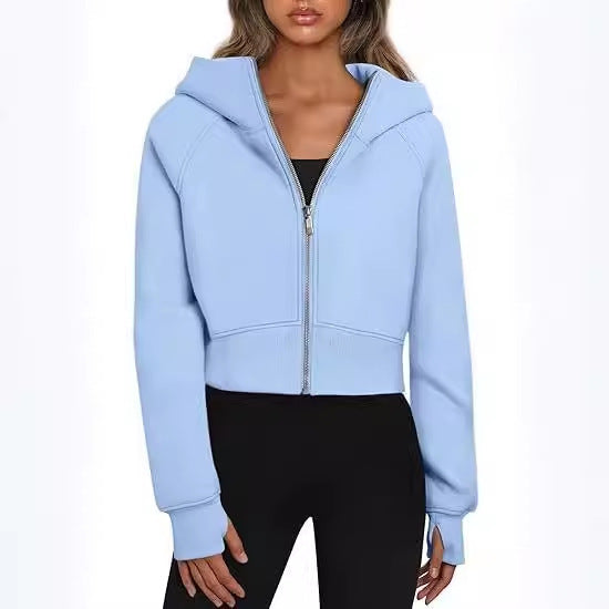 S4R-Casual Zippered Hooded Sweatshirt Fleece Sport Cardigan Fashion Hoodies Short Tops Womens Clothing